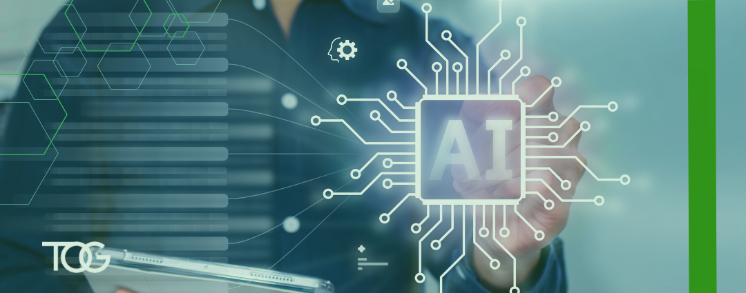 Digital screen with a man's hand touching the letters AI that are surrounded by digital icons indicating a network.